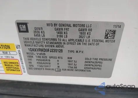 2015 GMC Acadia Slt-1 из США, поврежденный, VIN 1GKKVRKD9FJ220128